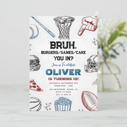 Grappige sportparty-uitnodiging voor vrienden kaart (Staand voorkant)