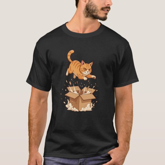 Grappige springende kat over exploderende kartonne t-shirt (Voorkant)