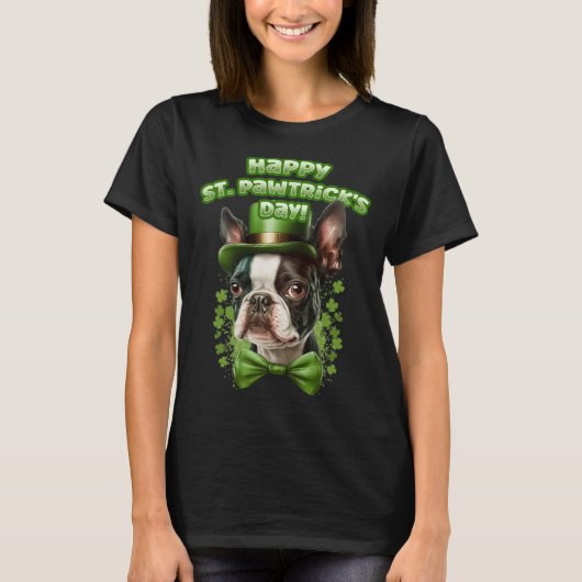 Grappige St. Patrick's Day Boston Terrier Pawstric T-shirt (Voorkant)