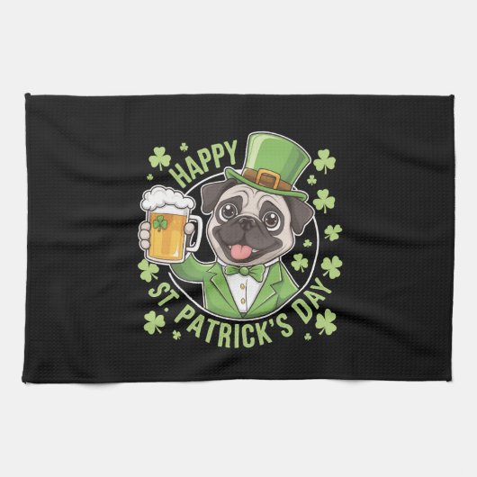 Grappige St. Patrick's Day-pug met bierpul Theedoek (Horizontaal)