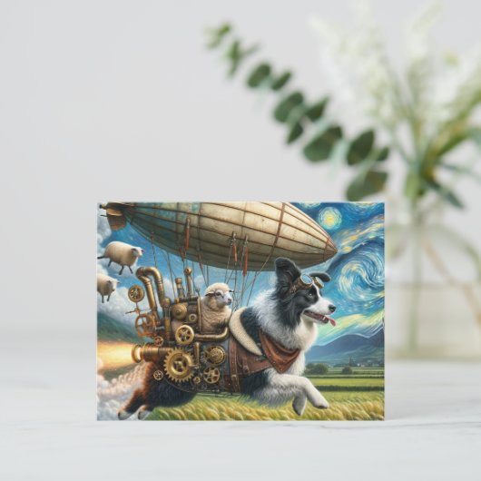 Grappige Steampunk Border Collie Met Schaap en Bli Briefkaart (Staand voorkant)