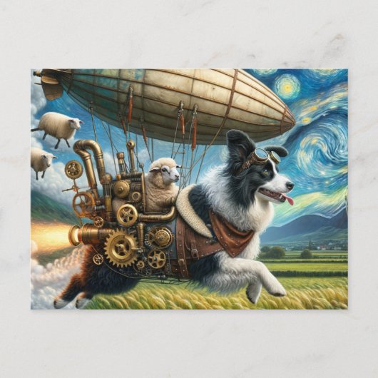 Grappige Steampunk Border Collie Met Schaap en Bli Briefkaart (Voorkant)