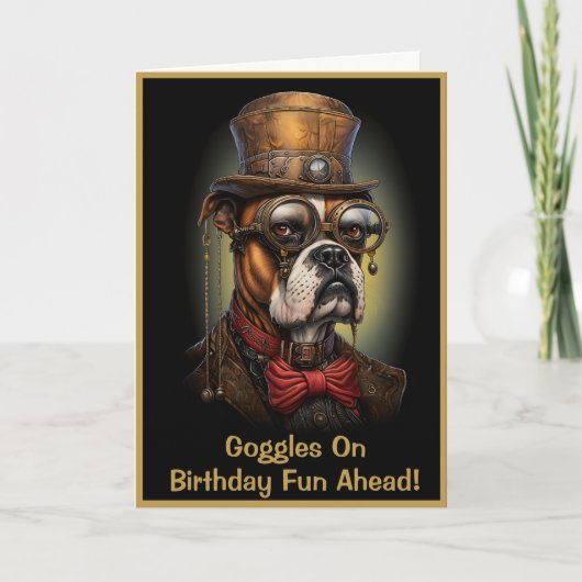 Grappige Steampunk Verjaardag Boxer Hond Aangepast Kaart (Voorkant)
