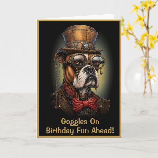 Grappige Steampunk Verjaardag Boxer Hond Aangepast Kaart (Gele Bloem)