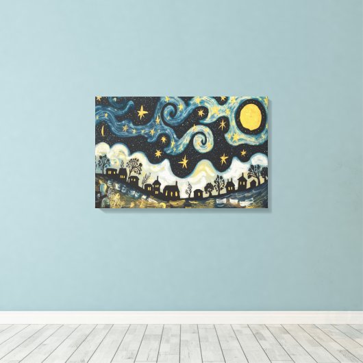 Grappige Sterrennacht over Village Canvas Art (Insitu (Houten vloer))