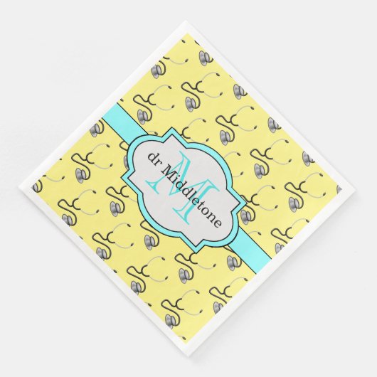 Grappige stethoscopen voor artsen op gele naam servet (Hoek)