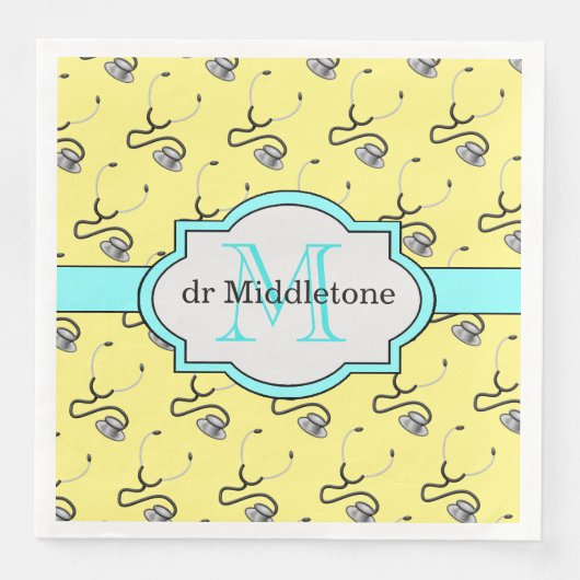 Grappige stethoscopen voor artsen op gele naam servet (Voorkant)