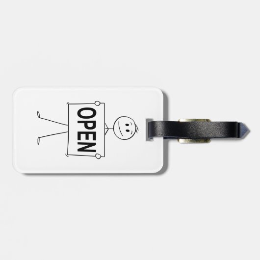 Grappige stick figuur met open teken bagagelabel (Achterkant horizontaal)