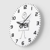 Grappige stick figuur met open teken grote klok (Hoek)