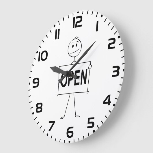 Grappige stick figuur met open teken grote klok (Hoek)