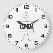 Grappige stick figuur met open teken grote klok (Voorkant)