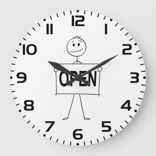 Grappige stick figuur met open teken grote klok (Voorkant)