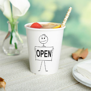 Grappige stick figuur met open teken papieren bekers