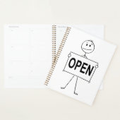 Grappige stick figuur met open teken planner (Display)
