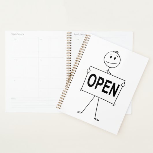 Grappige stick figuur met open teken planner (Display)