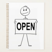 Grappige stick figuur met open teken planner (Voorkant)