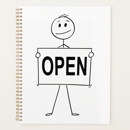 Grappige stick figuur met open teken planner (Voorkant)