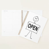 Grappige stick figuur met open teken planner