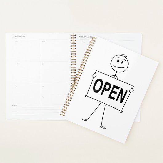 Grappige stick figuur met open teken planner