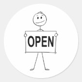 Grappige stick figuur met open teken ronde sticker (Voorkant)
