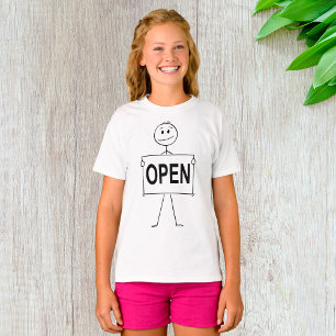 Grappige stick figuur met open teken t-shirt