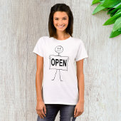 Grappige stick figuur met open teken t-shirt