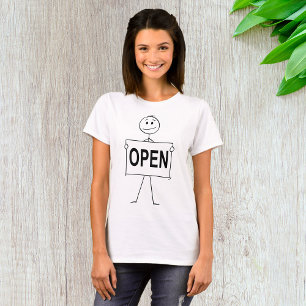Grappige stick figuur met open teken t-shirt
