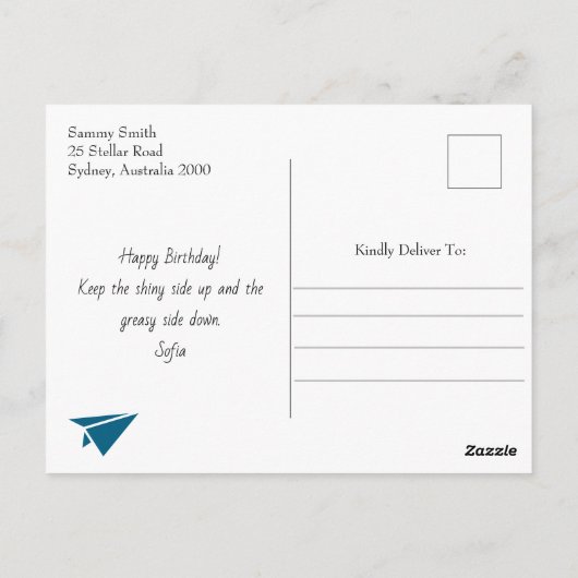 Grappige Stick Figuur Papier Vliegtuig, Aangepaste Briefkaart (Achterkant)