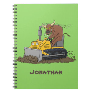 Grappige stier bestuurt bulldozer cartoon notitieboek