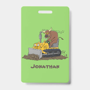 Grappige stier die bulldozer bestuurt cartoon badge