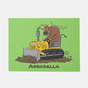 Grappige stier die bulldozer bestuurt cartoon deurmat