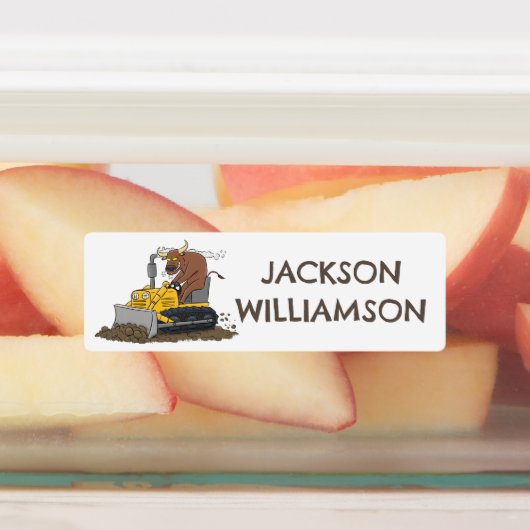 Grappige stier rijden bulldozer cartoon gepersonal labels (Aangebracht)