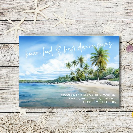 Grappige strand bruiloft foto save the date