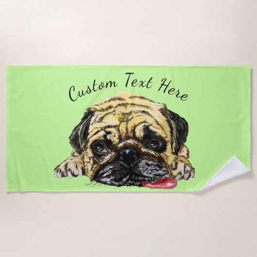 Grappige Strandhanddoek met Pug Dog en Aangepaste  Strandlaken (Voorkant)