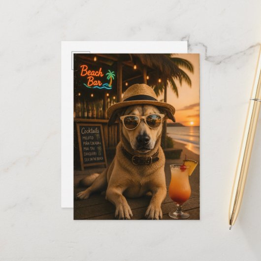 Grappige strandhond muur kunst afdrukbaar briefkaart (Voorkant / Achterkant in situ)