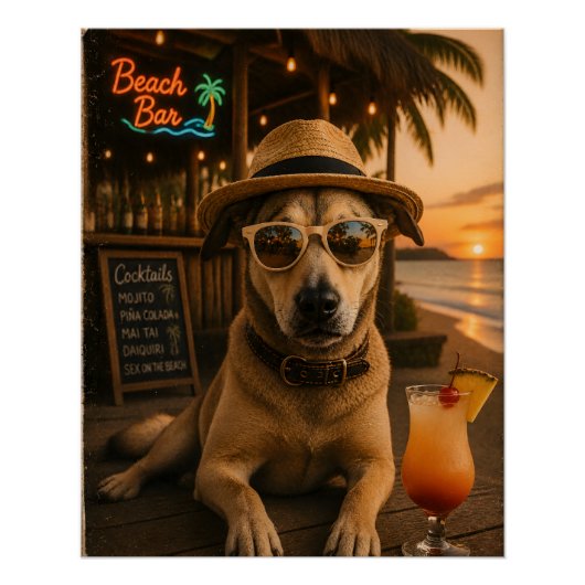 Grappige strandhond muur kunst afdrukbaar perfect poster (Voorkant)