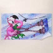 Grappige strandlaken met roze flamingo skiër (Voorkant)