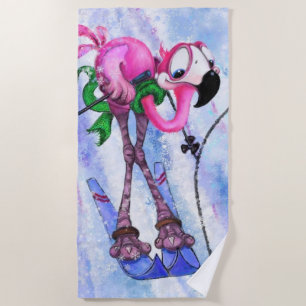 Grappige strandlaken met roze flamingo skiër