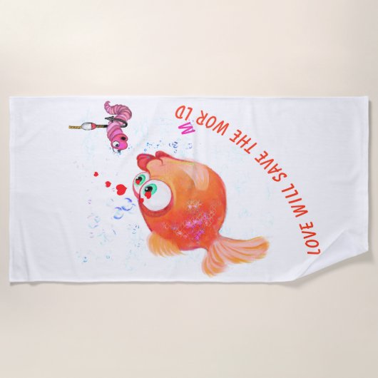 Grappige strandlaken met vis en worm - Jouw tekst (Voorkant)