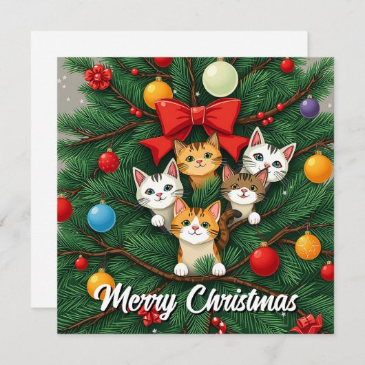 Grappige strip whimsicale kat Kerstboom  Feestdagenkaart (Voorkant / Achterkant)