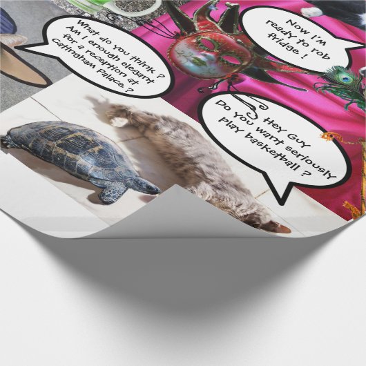 GRAPPIGE STRIPS VAN VREEMDE PRATENDE KATTEN CADEAUPAPIER (Hoek)