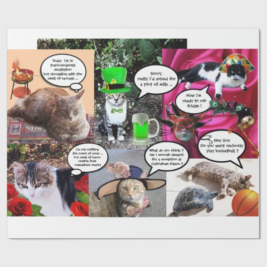 GRAPPIGE STRIPS VAN VREEMDE PRATENDE KATTEN CADEAUPAPIER (Vlak)