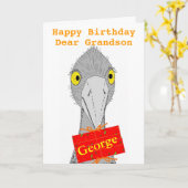 Grappige struisvogel, kleinzoon, naam toevoegen, V Kaart (Gele Bloem)