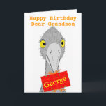Grappige struisvogel, kleinzoon, naam toevoegen, V Kaart<br><div class="desc">Een tekening van een schattig en grappig district met een geschenk met de naam van de ontvanger erop. Volledig aanpasbare verjaardagskaart. Voor een kleinzoon,  of verander de tekst. Versies voor zoon,  dochter,  kleindochter ook.Alle tekst kan worden gewijzigd,  moet je iets anders nodig.</div>