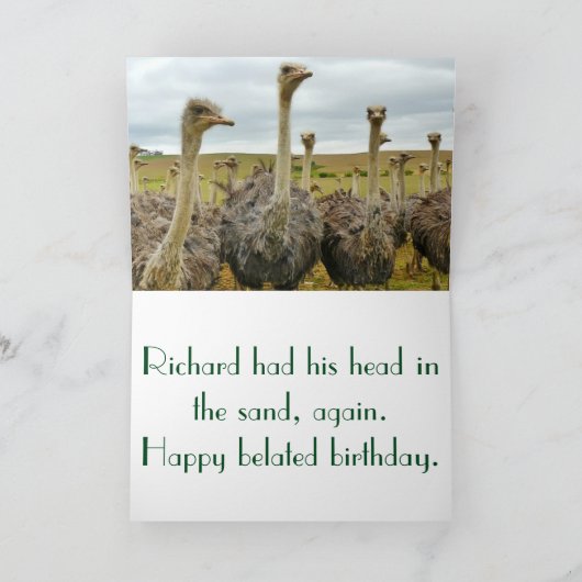 Grappige struisvogel laat verjaardagskaart kaart (Binnen)