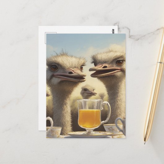 Grappige Struisvogel Theetijd Briefkaart (Voorkant / Achterkant in situ)