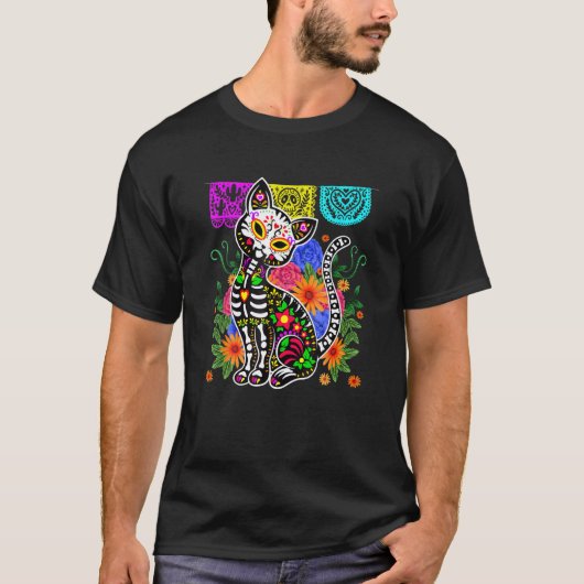 Grappige suikerschedel Calavera Kat Dia De Muertos T-shirt (Voorkant)