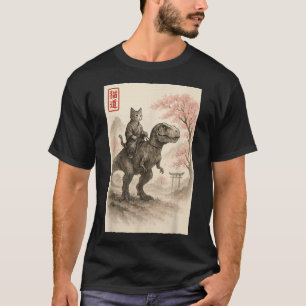 Grappige Sumi-e Kawaii Kat Rijdt op Dinosaur Japan T-shirt