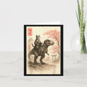 Grappige Sumi-e Kawaii Kat Rijdt op Dinosaurus Jap Kaart