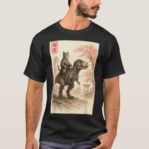 Grappige Sumi-e Kawaii Kat Rijdt op Dinosaurus Jap T-shirt
